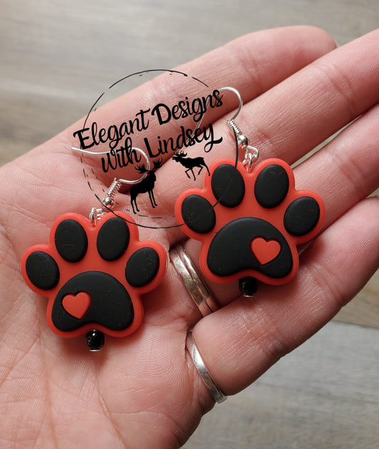 Red/Black Paw Print Silicone Bead Earrings