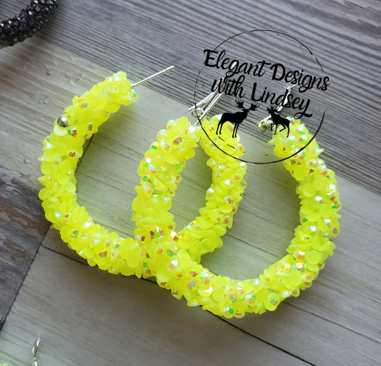 Neon Yellow Large Chunky Rhinestone Hoop Earrings