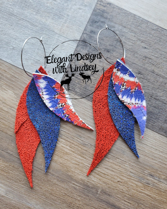 Patriotic Tye-Dye 3 Layer Feather Genuine Leather (4 ways) Hoop Earrings