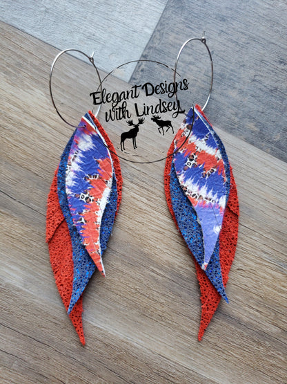 Patriotic Tye-Dye 3 Layer Feather Genuine Leather (4 ways) Hoop Earrings