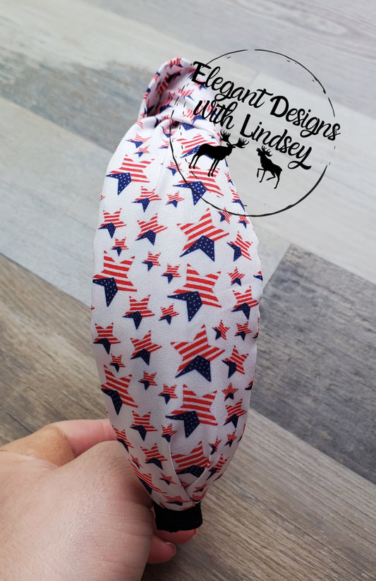 Patriotic Topknot Headband White W/Flag Stars