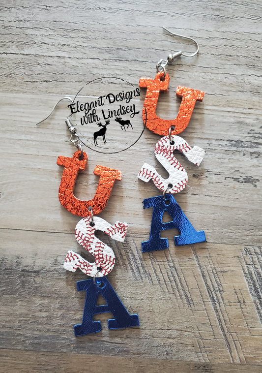 Patriotic Baseball USA Genuine Leather Earrings