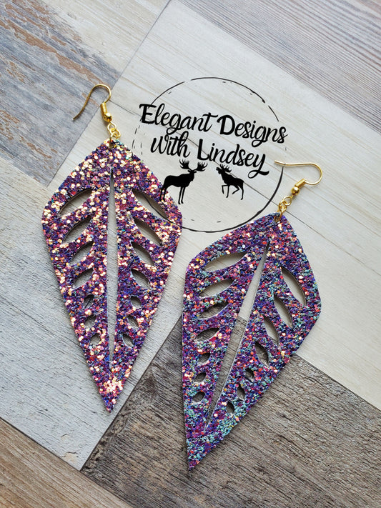 Chameleon Glitter Funky Feather Cut Genuine Leather Earrings