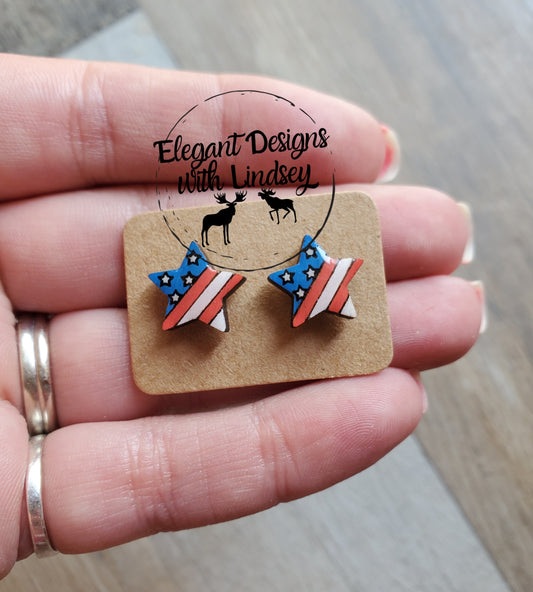 American Flag Painted Stars Wood/Resin Stud Earrings