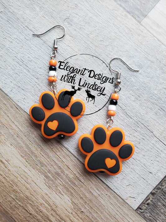 Orange/Black Paw Print Silicone Bead Earrings