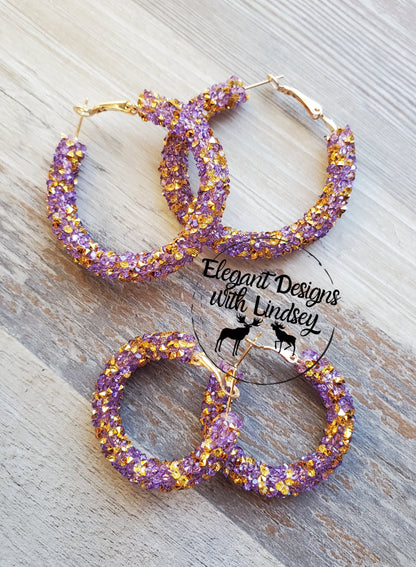 Purple/Gold Chunky Rhinestone Hoop Earrings