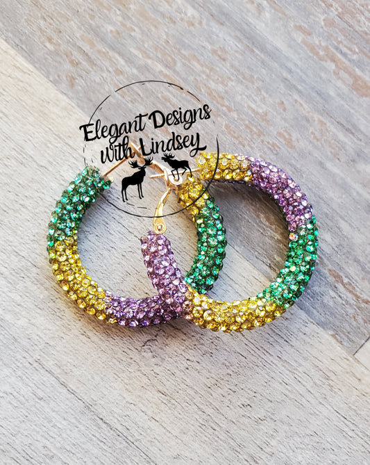 Mardi Gras Rhinestone Hoop Earrings