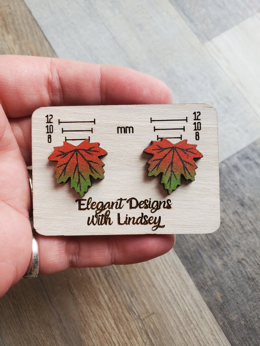 Fall Red/Orange/Green Leaf Wood Stud Earrings