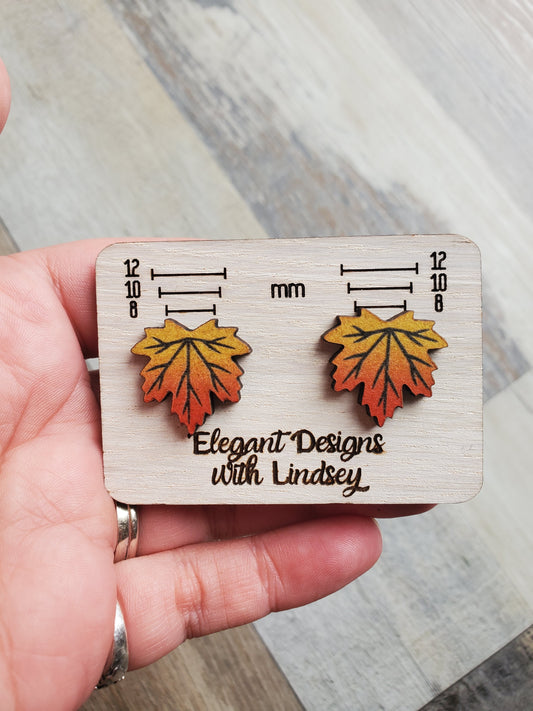 Fall Yellow/Orange/Red Leaf Wood Stud Earrings