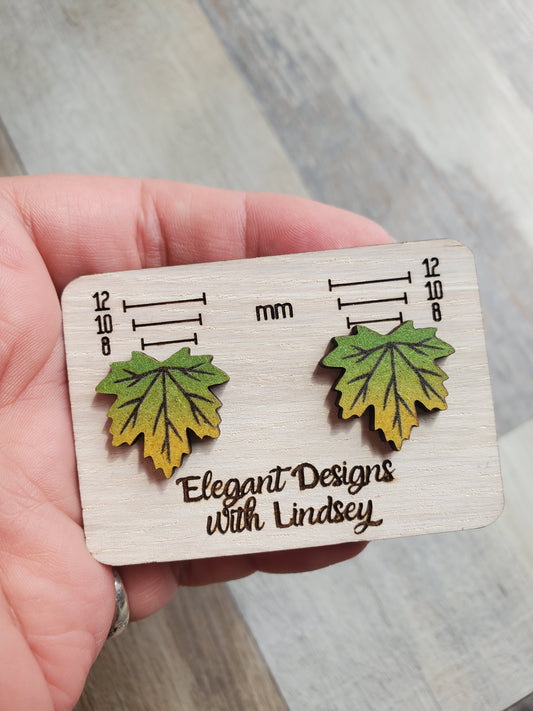 Fall Green/Yellow Leaf Wood Stud Earrings