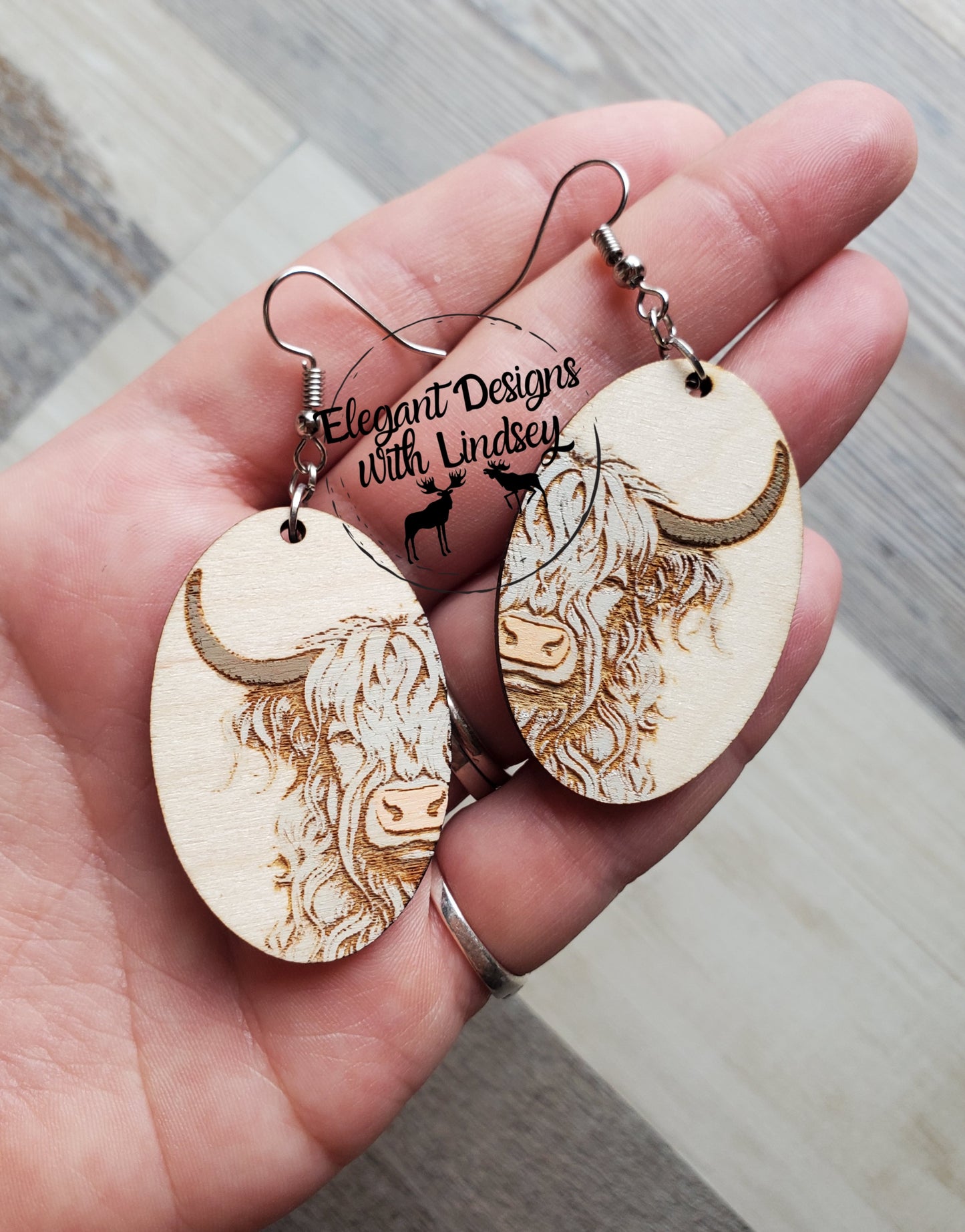 White Wash Hyland Cow Hand Painted Wood Earrings