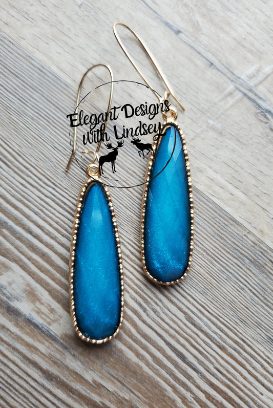 Aqua Blue Slim Tear Drop Earrings