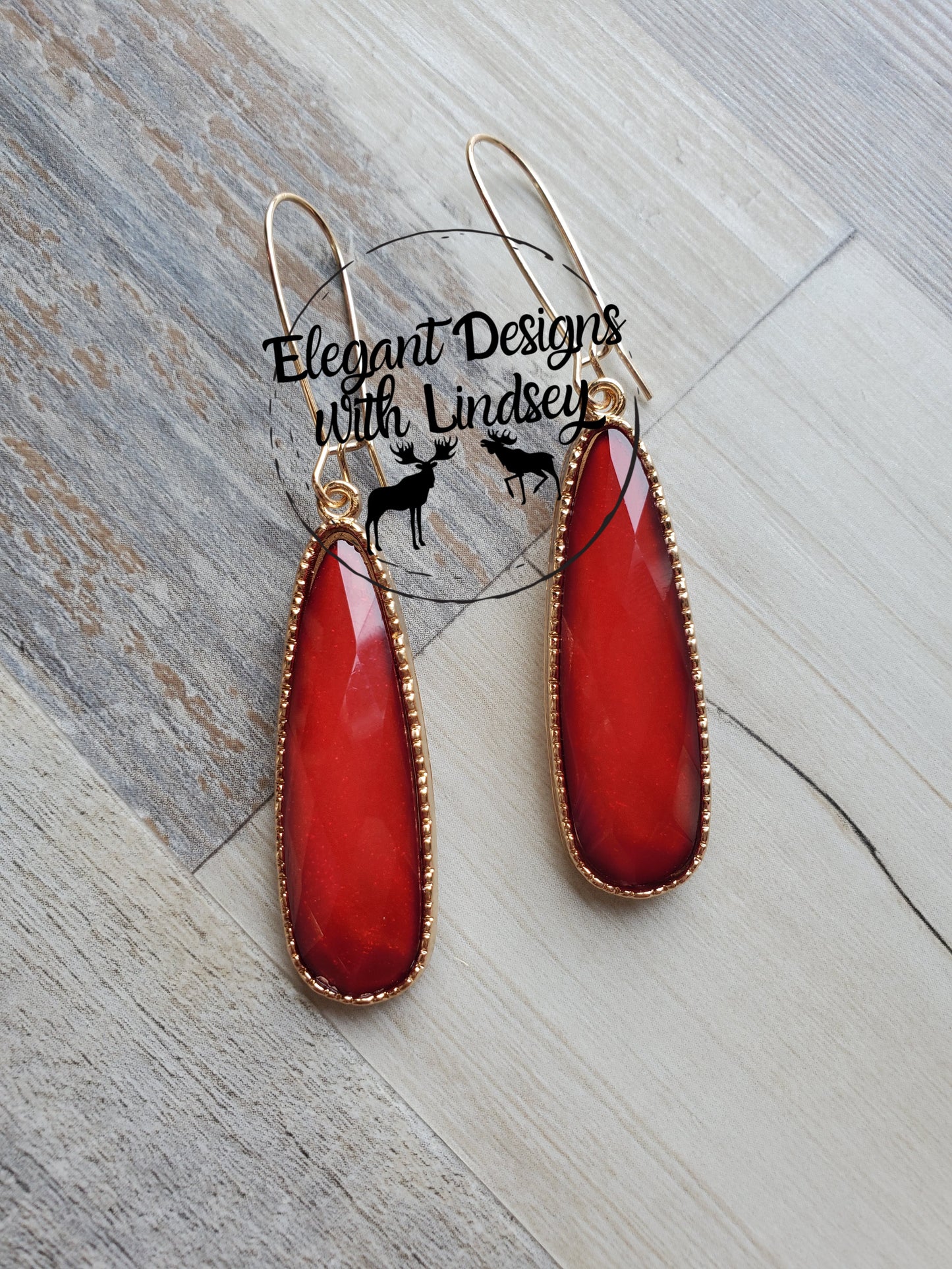 Dark Red Slim Tear Drop Earrings