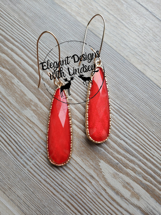 Red Slim Tear Drop Earrings