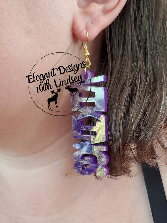 Purple/Gold Swirl Word Acrylic Earrings