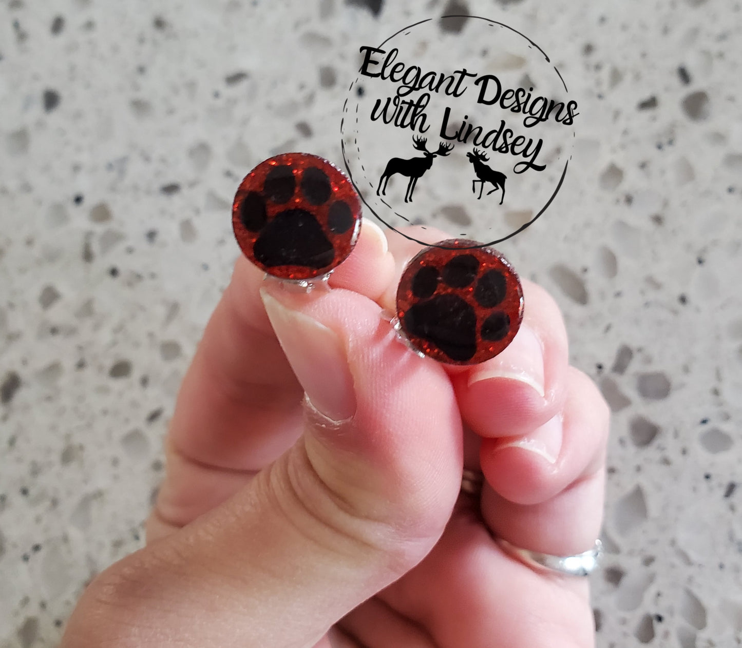 Red Glitter Paw Acrylic Stud Earrings