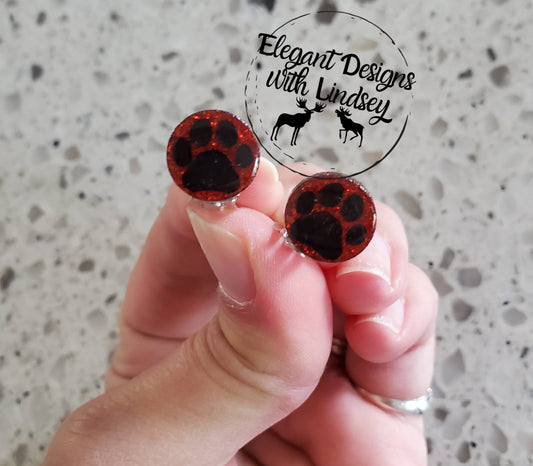 Red Glitter Paw Acrylic Stud Earrings