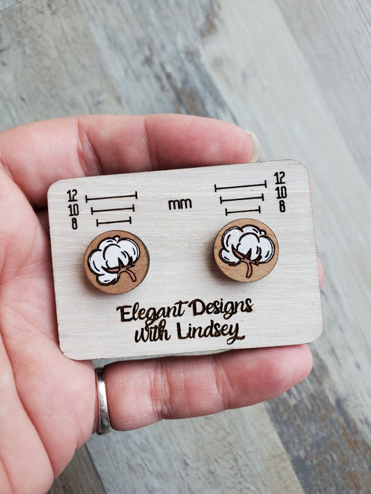 Painted Cotton Stem Wood/Resin Stud Earrings