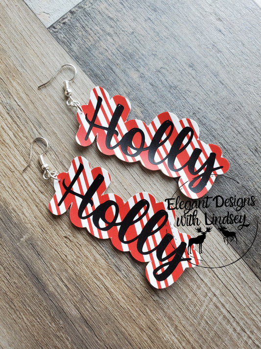 Candy Cane Stripe Holly Faux Leather Earrings