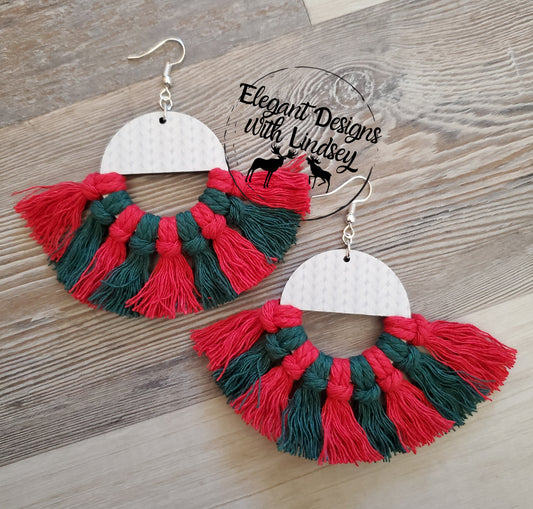 Christmas Red/Green Printed Wood Macrame Earrings