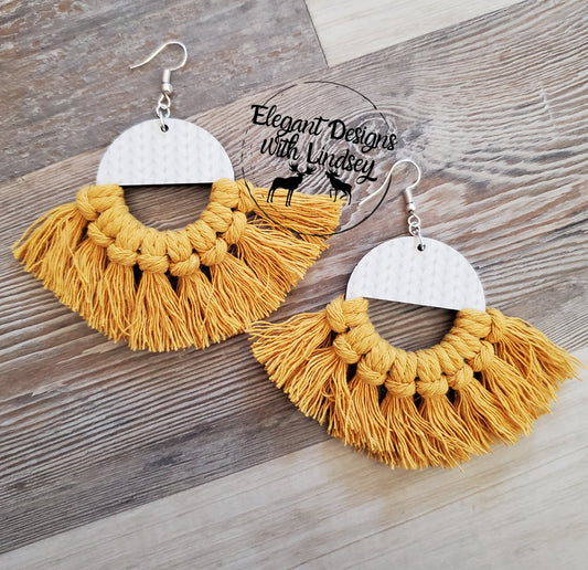 Yellow Printed Wood Macrame Earrings