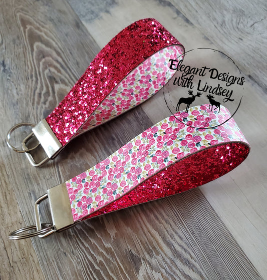 Pink Glitter/Roses Key Fob Wristlet Keychains