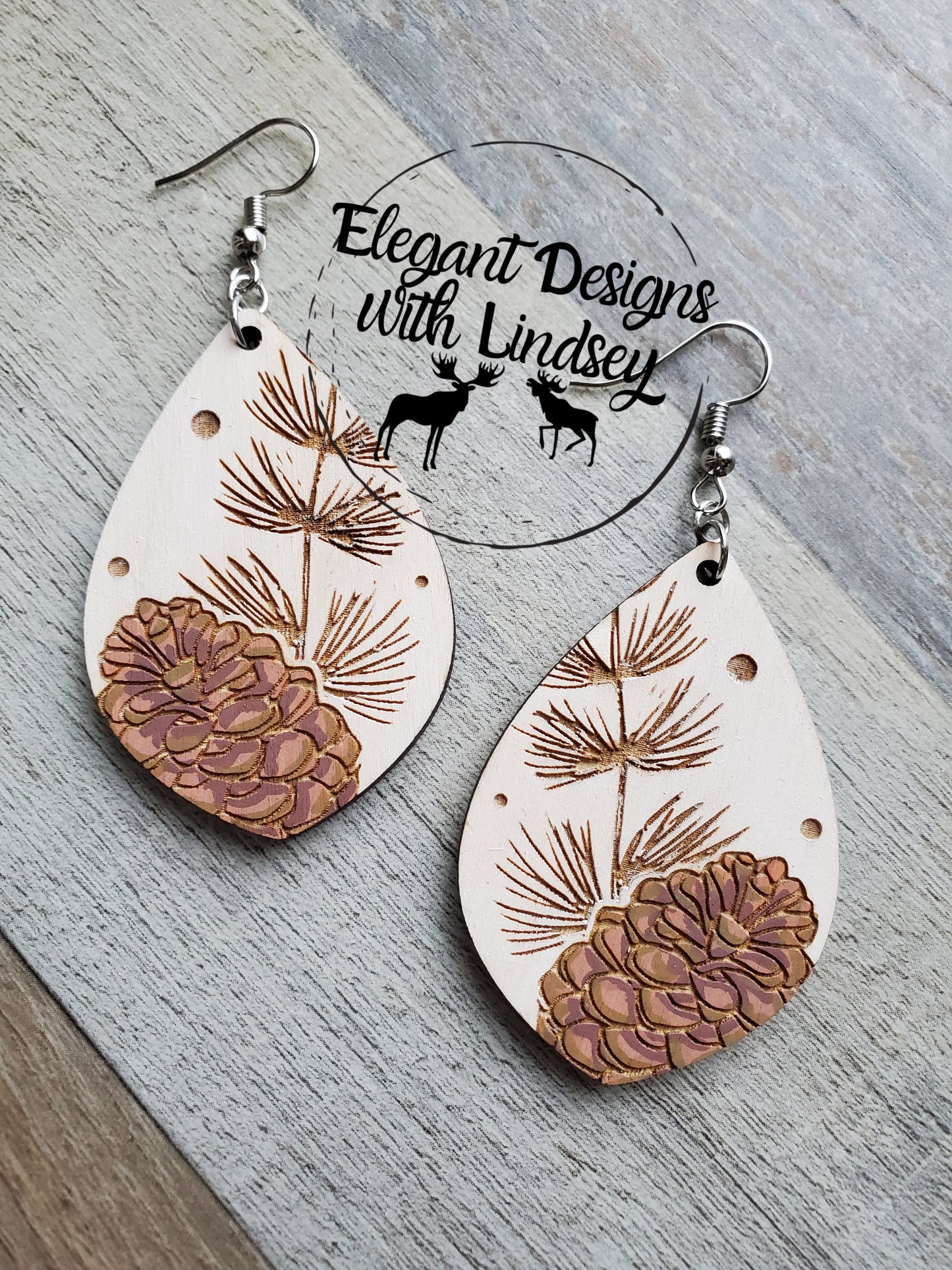 Hand Painted Pine Cone Wood Earrings