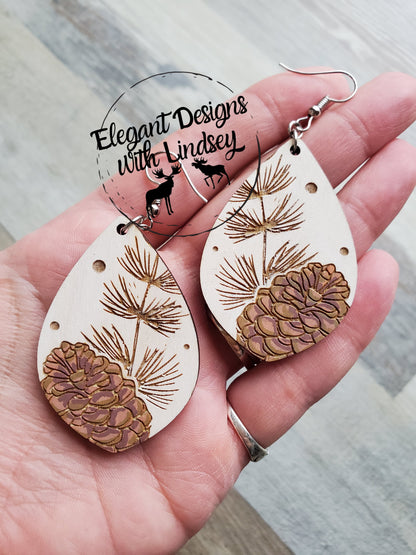 Hand Painted Pine Cone Wood Earrings