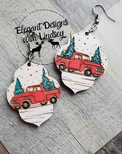 Little Red Truck Wood Earrings