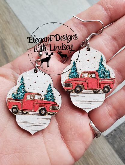 Little Red Truck Wood Earrings