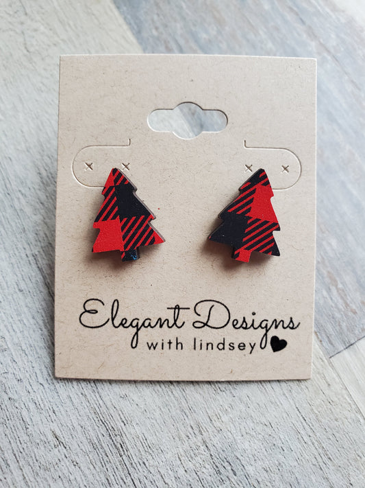 Red Plaid Christmas Tree Acrylic Stud Earrings