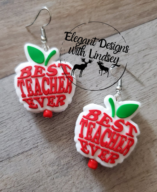 White Apple Best Teacher Ever Silicone Bead Earrings