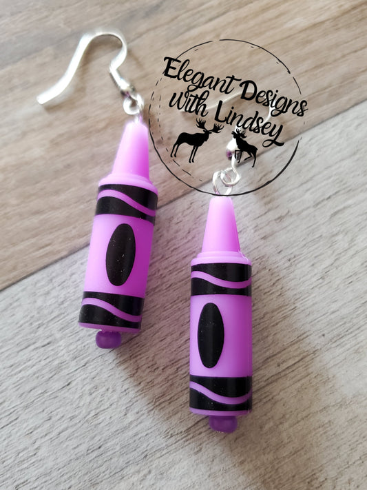 3D Crayon Purple Silicone Bead Earrings