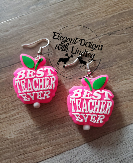 Pink Apple Best Teacher Ever Silicone Bead Earrings