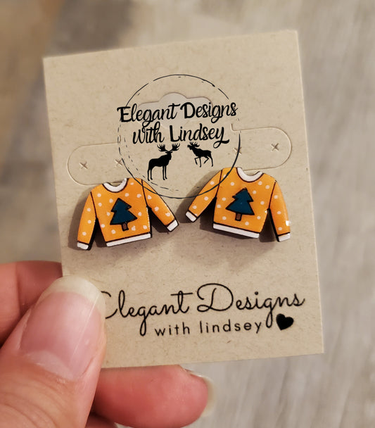 Orange Ugly Christmas Sweater Hand Painted Wood/Resin Stud Earrings