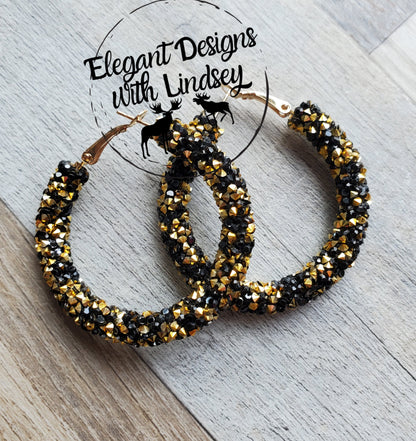 Black/Gold chunky rhinestone hoop earrings