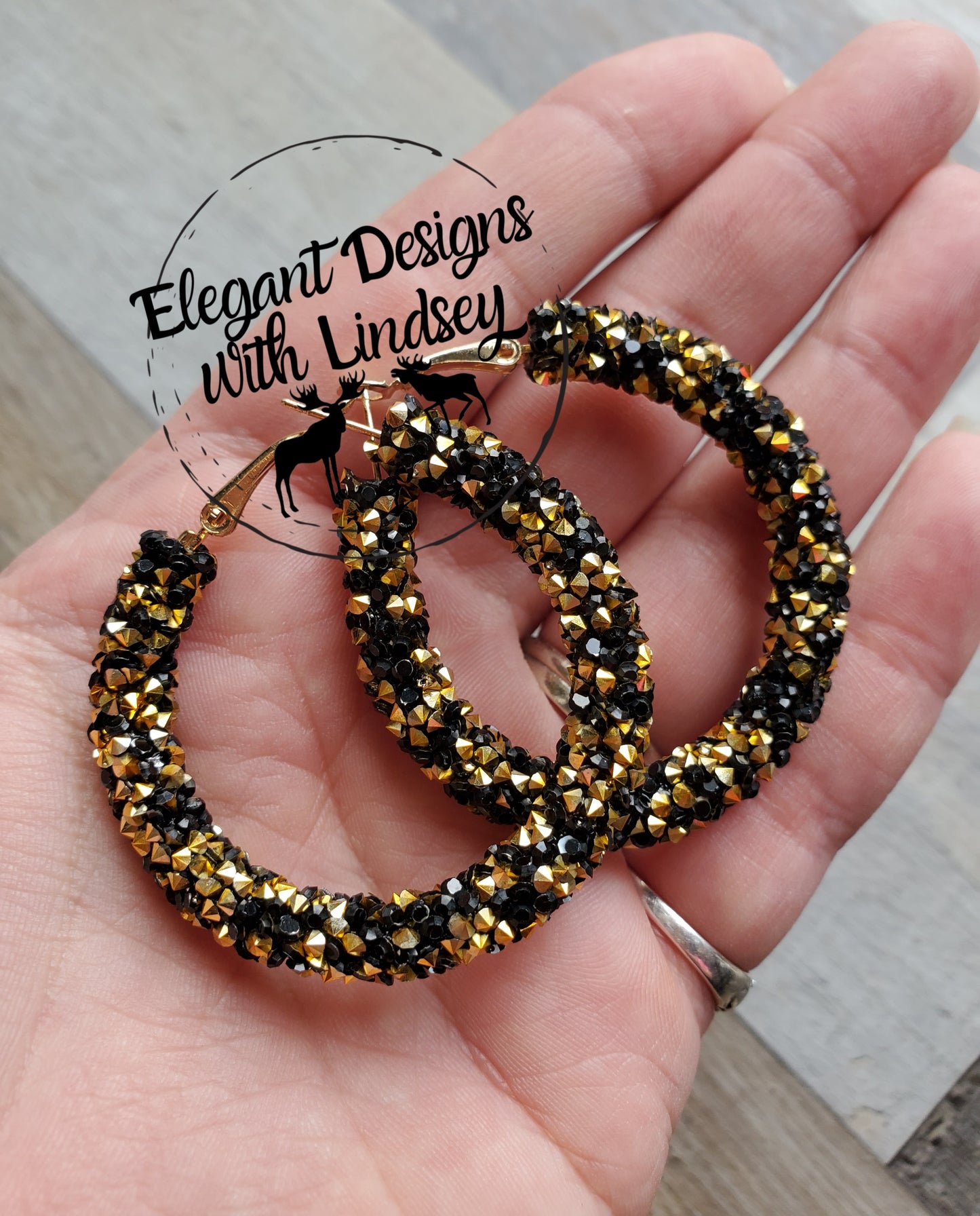 Black/Gold chunky rhinestone hoop earrings