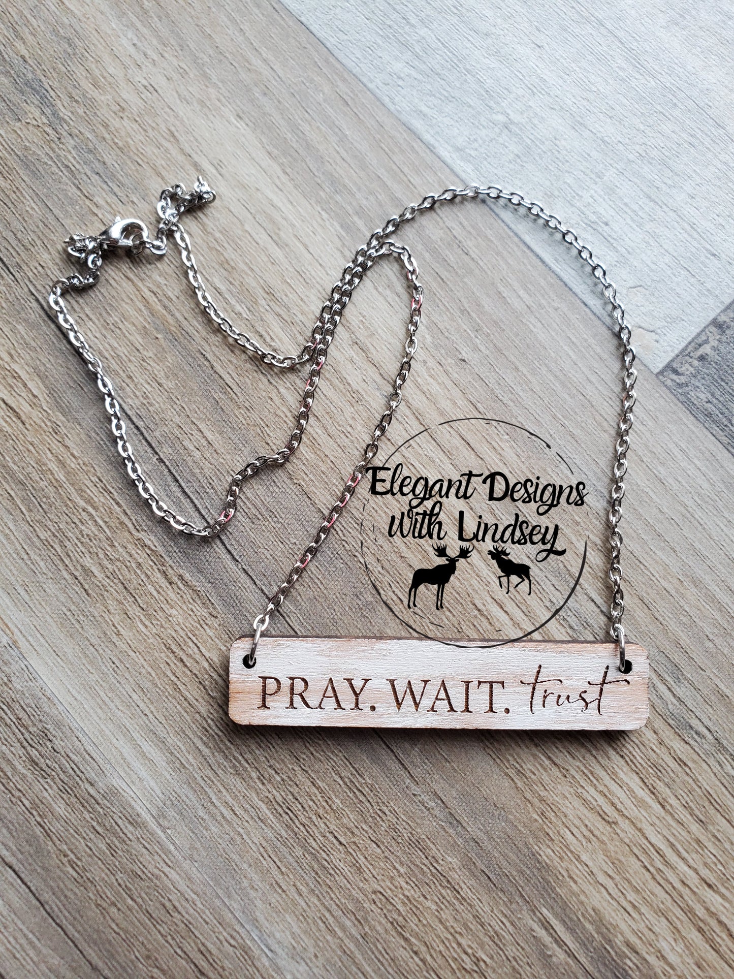 Pray. Wait. Trust Painted Cherry Wood Necklace