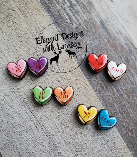 Painted Conversation Hearts Wood/Resin Stud Earrings