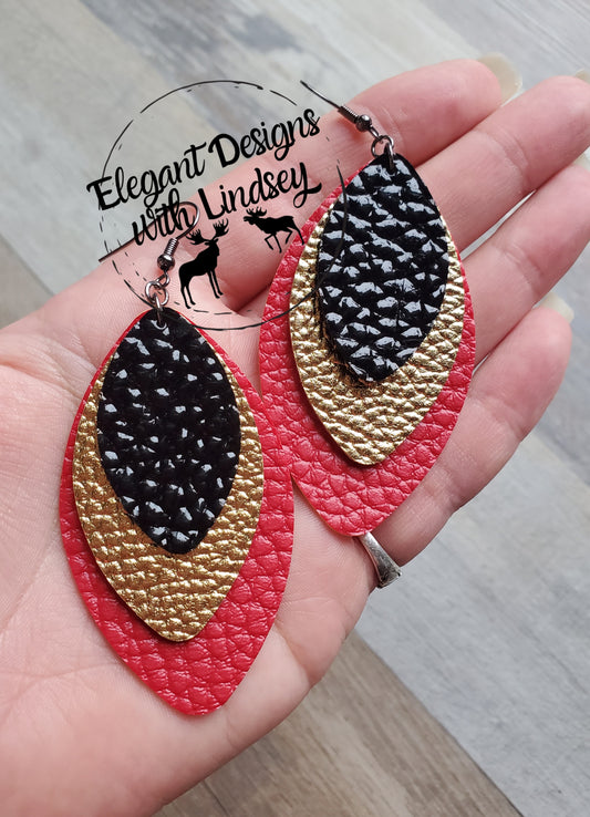 Red/Gold/Black 3 Layer Faux Leather Earrings