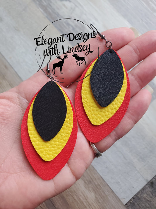 Red/Yellow/Black 3 Layer Faux Leather Earrings