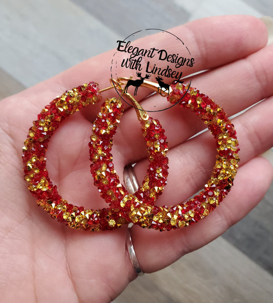 Red/Gold Chunky Rhinestone Hoop Earrings