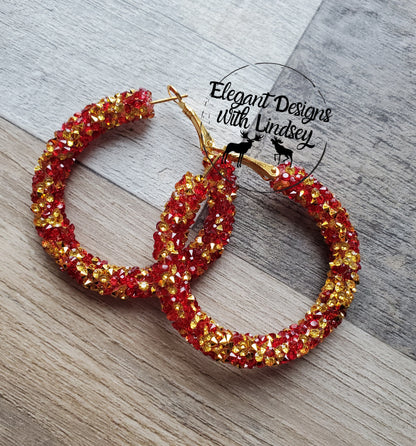 Red/Gold Chunky Rhinestone Hoop Earrings