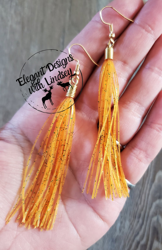 Amber Green/Gold Glitter Skirt Fringe Earrings