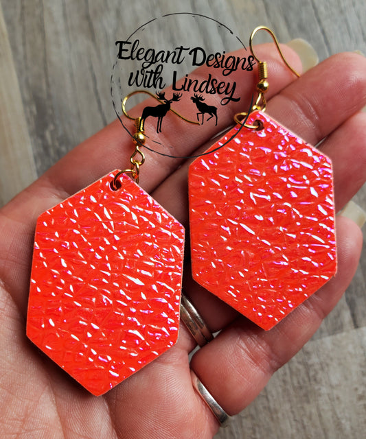 Hot Red Crushed Peal Hexagon Wood Earrings