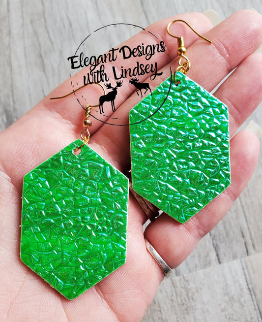 Hot Green Crushed Peal Hexagon Wood Earrings