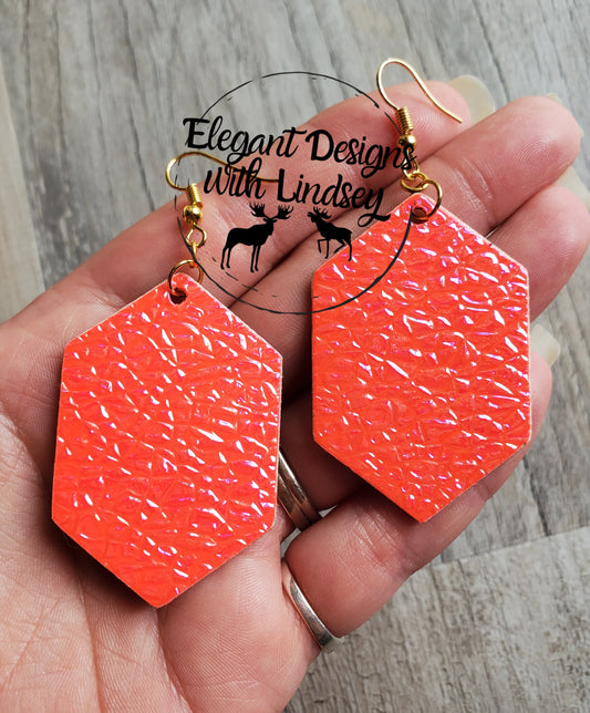 Hot Orange Crushed Peal Hexagon Wood Earrings