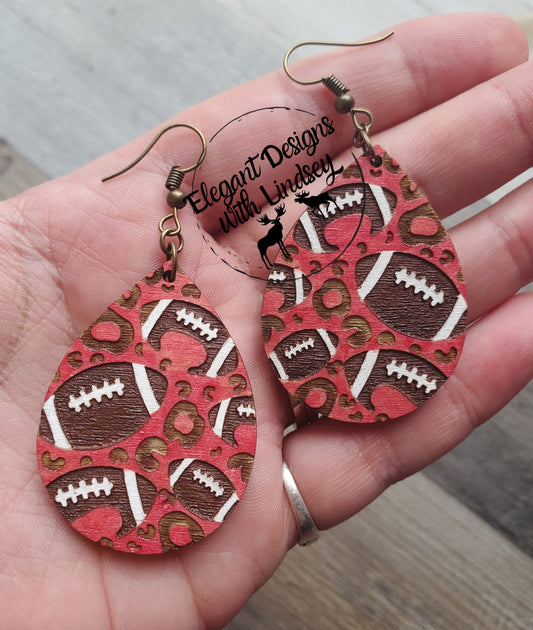 Red Football Hand Painted Wood Earrings