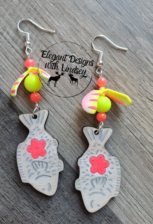 Spinner Star Fish Hand Painted Wood Earrings