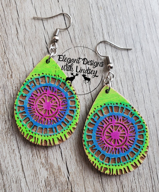 Tye-Dye Hand Painted Wood Earrings-2